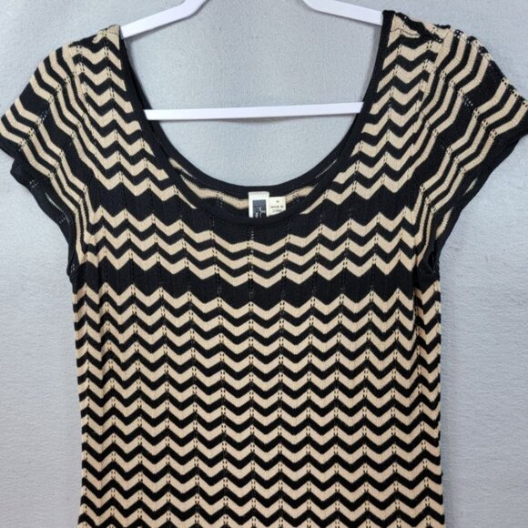 Julian Taylor Knit Midi Dress Size M Brown Black Stretch Zig Zag Eyelet Scallope - Picture 4 of 10
